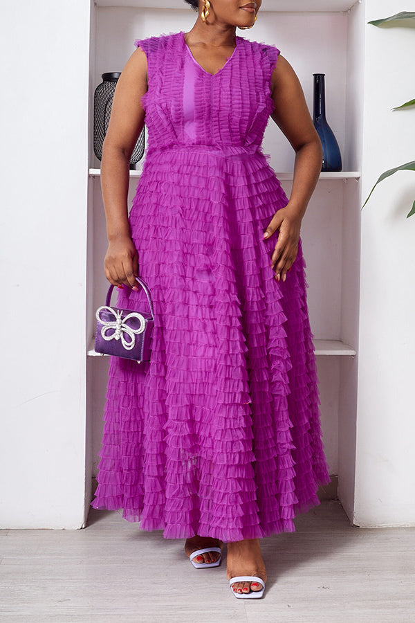 Attractive V-neck Sleeveless Layered Mesh Tutu Maxi Dress