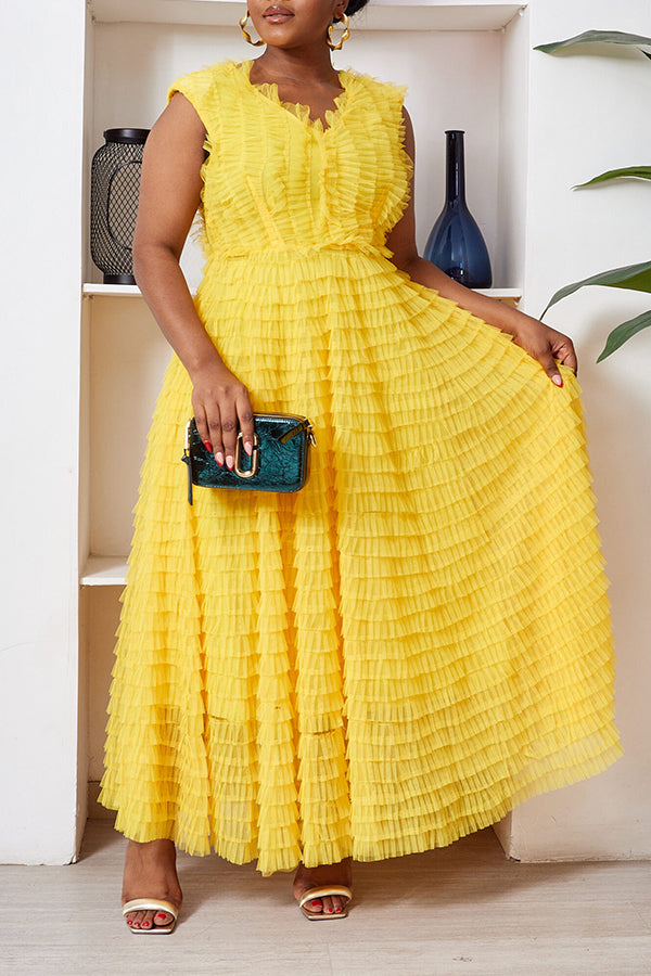 Attractive V-neck Sleeveless Layered Mesh Tutu Maxi Dress