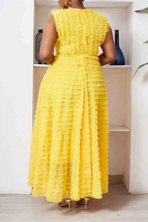 Attractive V-neck Sleeveless Layered Mesh Tutu Maxi Dress