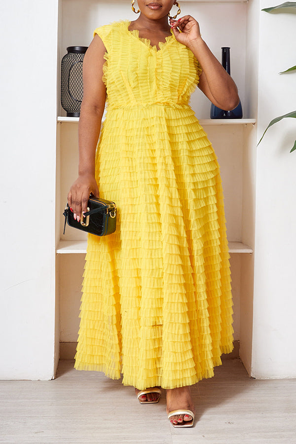 Attractive V-neck Sleeveless Layered Mesh Tutu Maxi Dress