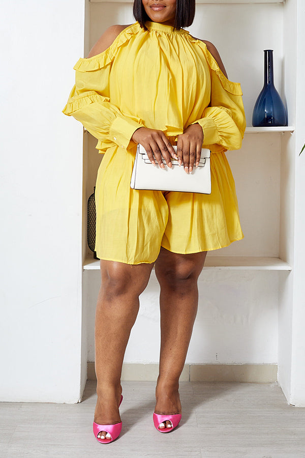 Cozy Pleated Layered Cold Shoulder Top & Shorts Set