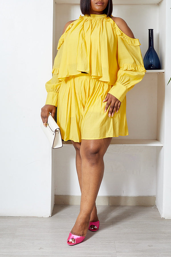 Cozy Pleated Layered Cold Shoulder Top & Shorts Set