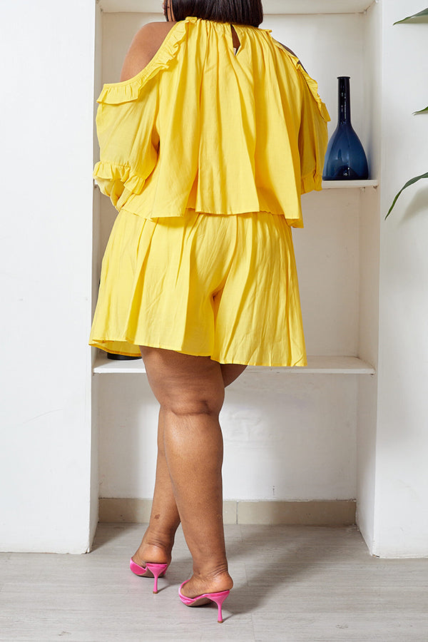 Cozy Pleated Layered Cold Shoulder Top & Shorts Set