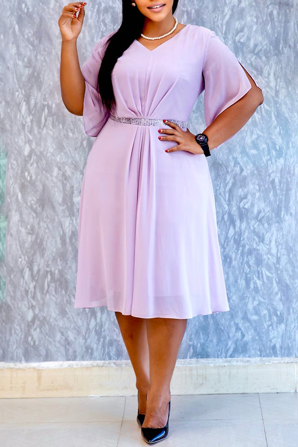 Stylish V-neck Pleated Mesh Layered Patchwork Midi Dress