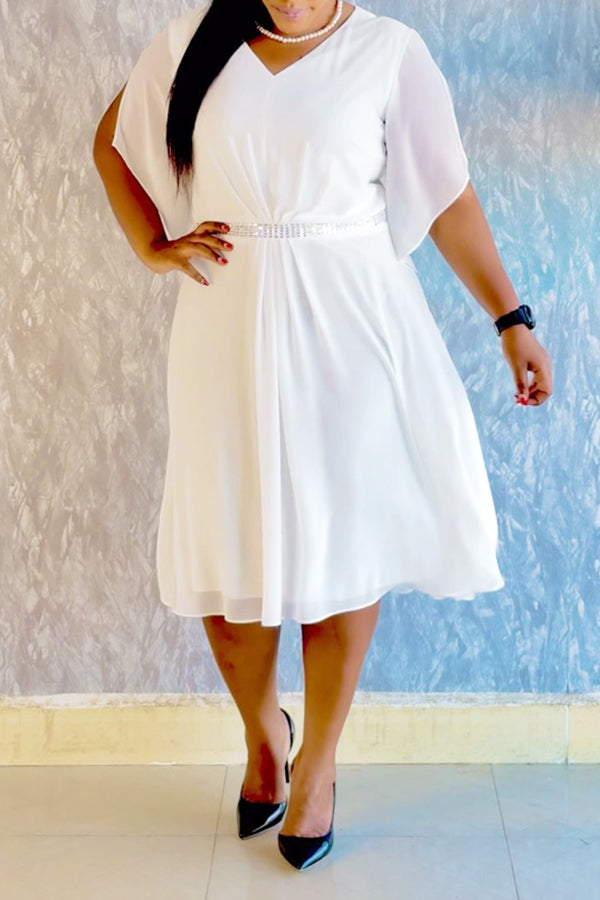 Stylish V-neck Pleated Mesh Layered Patchwork Midi Dress