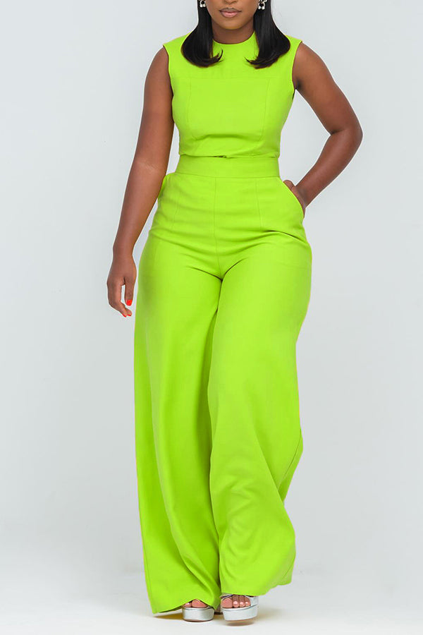 Casual Round Neck Slant Pocket Jumpsuit