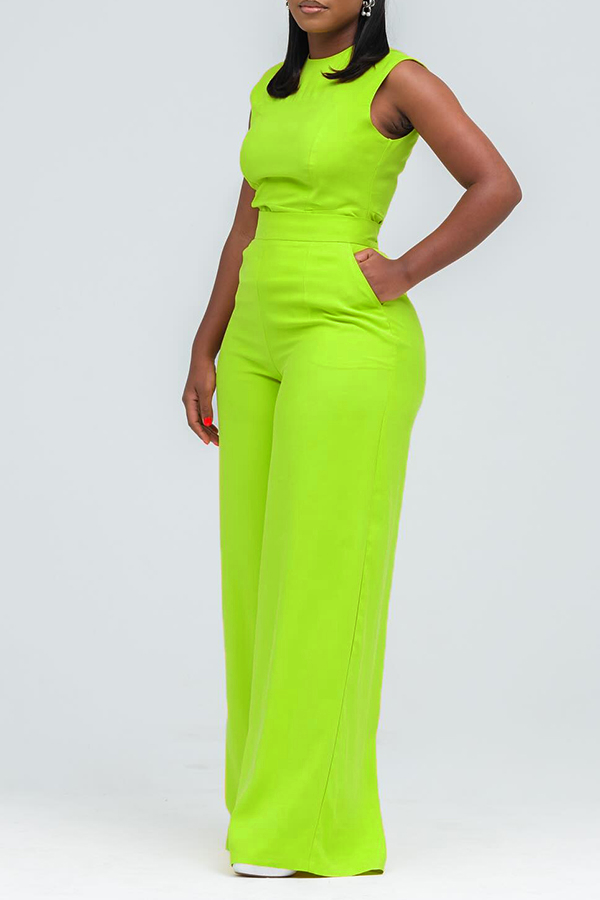 Casual Round Neck Slant Pocket Jumpsuit