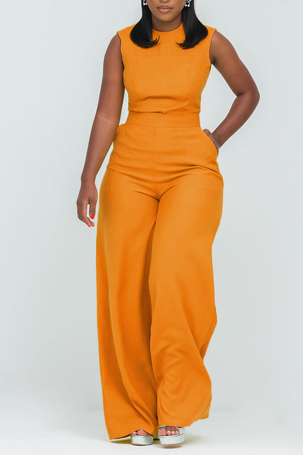 Casual Round Neck Slant Pocket Jumpsuit