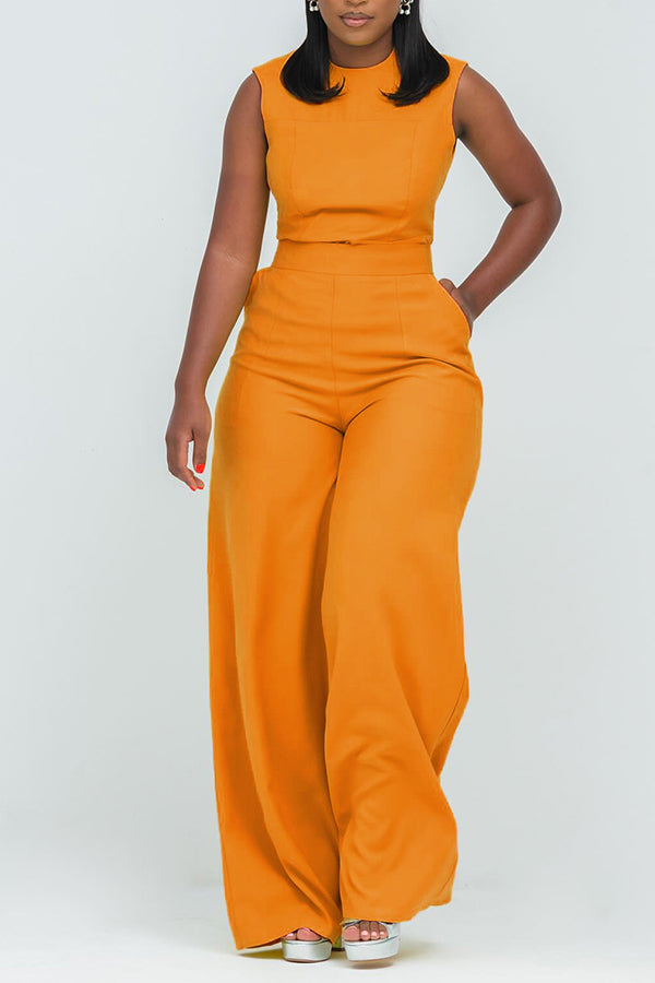 Stylish Round Neck Slant Pocket Jumpsuit