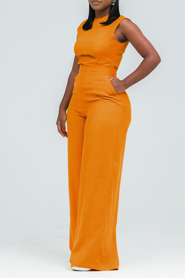 Casual Round Neck Slant Pocket Jumpsuit