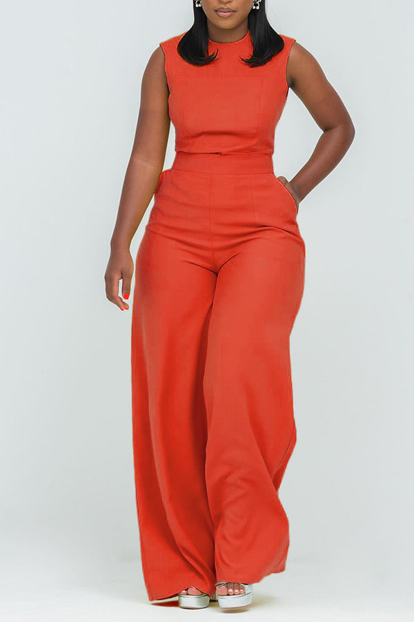 Casual Round Neck Slant Pocket Jumpsuit