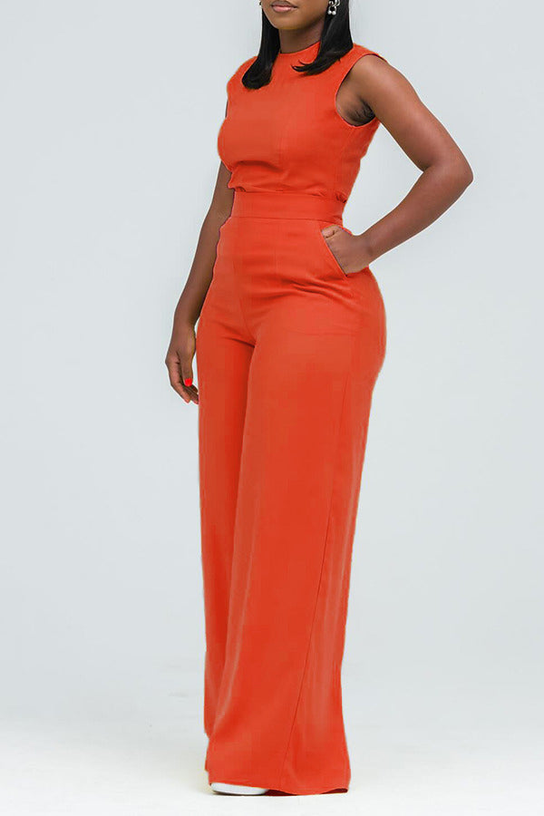 Casual Round Neck Slant Pocket Jumpsuit