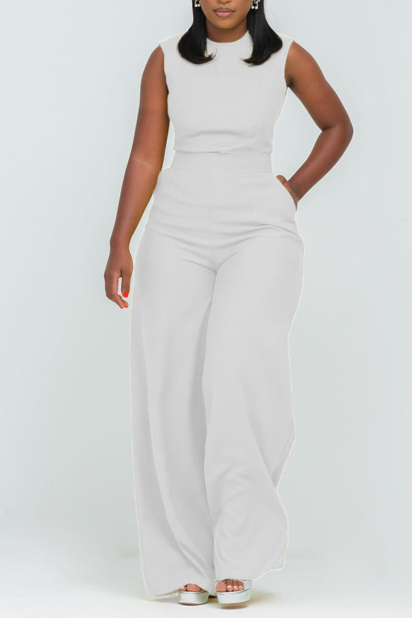 Casual Round Neck Slant Pocket Jumpsuit