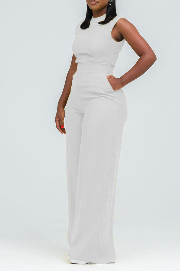 Casual Round Neck Slant Pocket Jumpsuit
