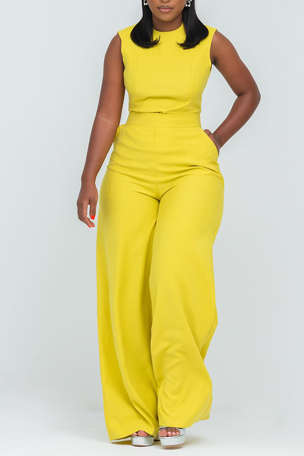 Casual Round Neck Slant Pocket Jumpsuit