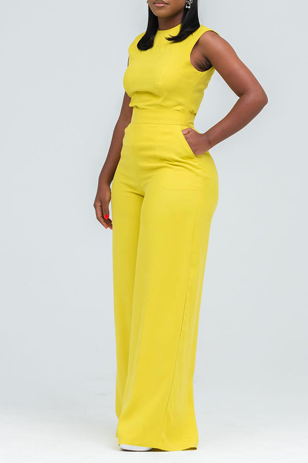 Casual Round Neck Slant Pocket Jumpsuit
