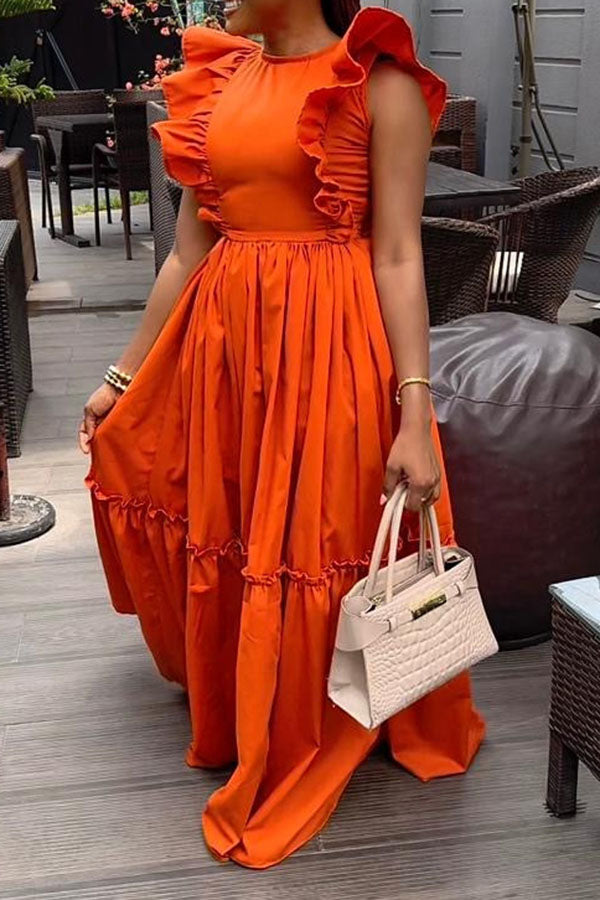 Stylish Flutter Sleeve Ruffle Hem Maxi Dress