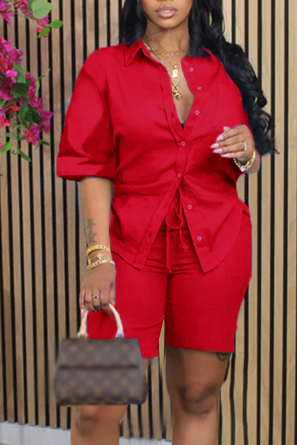 Mid-Sleeve Shirt & Drawstring Shorts Set