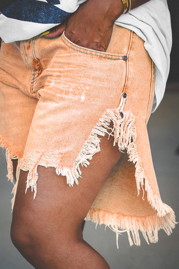 Fashionable Irregular Fringed Hem Denim Shorts