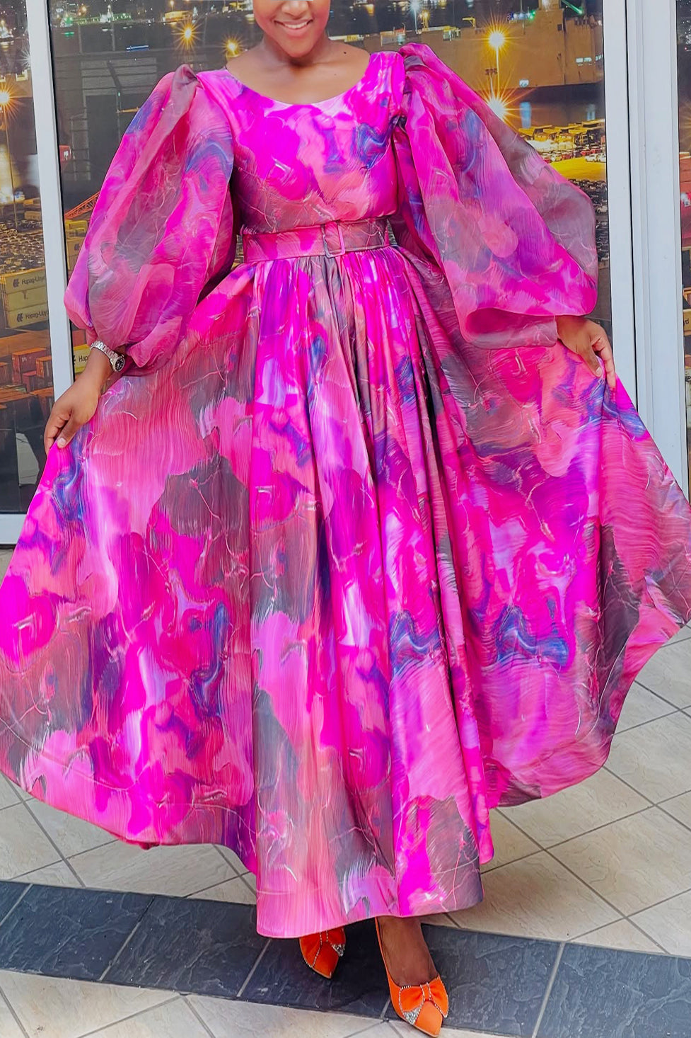 Striking Large Round Neck Lantern Sleeve Maxi Dress
