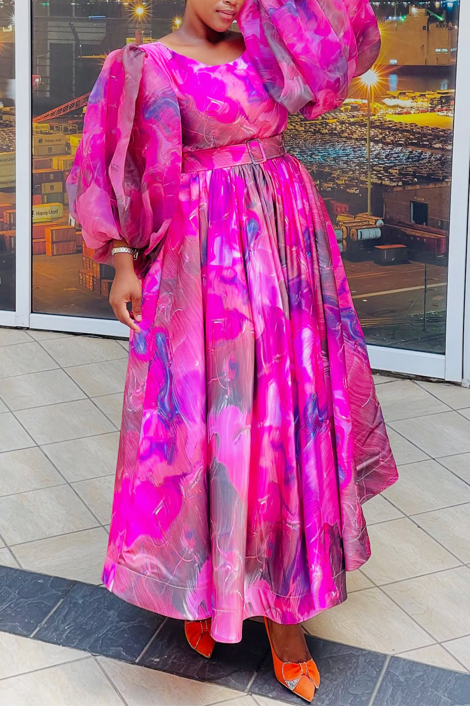 Striking Large Round Neck Lantern Sleeve Maxi Dress