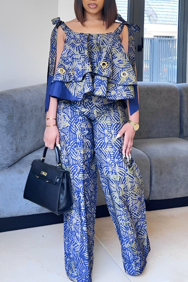 Stylish Knotted Shoulder Eyelet Tie-dye Top & Pants Set