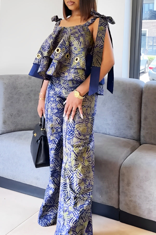 Stylish Knotted Shoulder Eyelet Tie-dye Top & Pants Set
