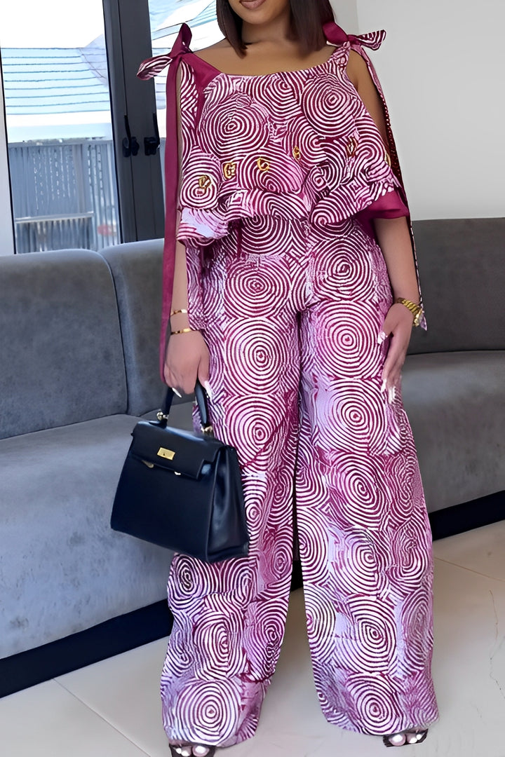 Stylish Knotted Shoulder Eyelet Tie-dye Top & Pants Set