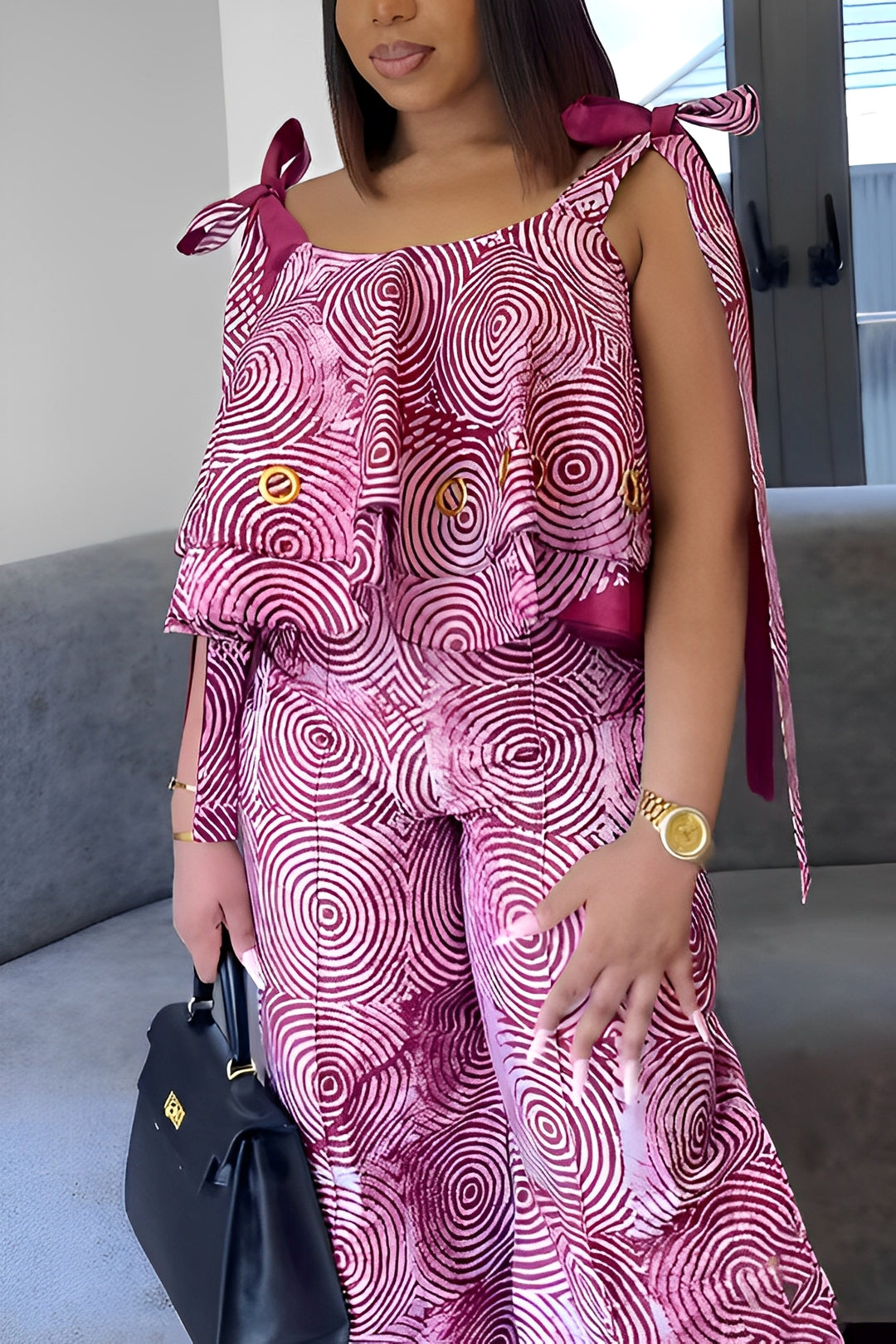 Stylish Knotted Shoulder Eyelet Tie-dye Top & Pants Set