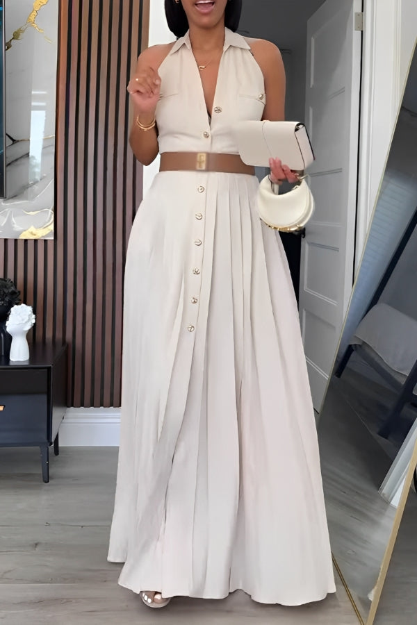 Fashionable Halterneck Button Belt Pleated Design Maxi Dress