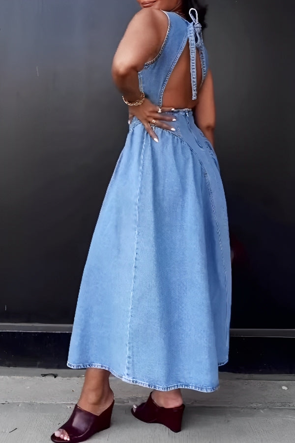 Casual Cut Out Back Sleeveless Denim Maxi Dress