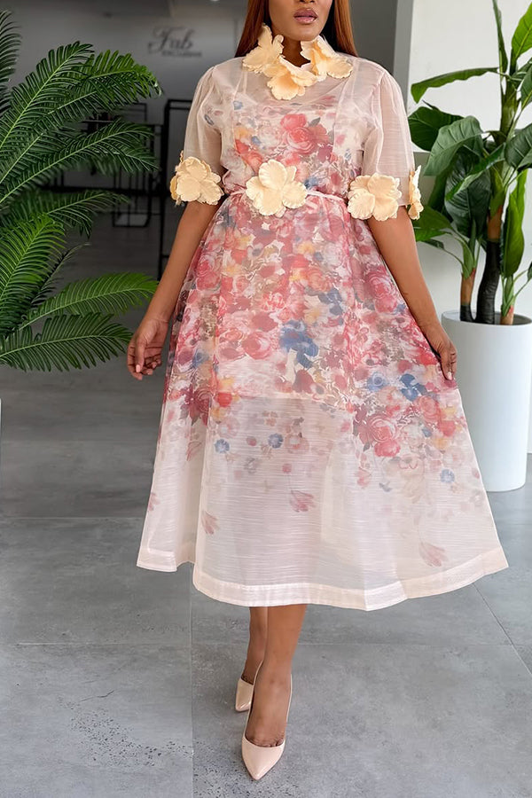 Chic Floral Natural Print Mesh Layered Maxi Dress