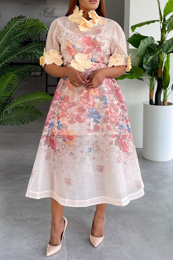 Chic Floral Natural Print Mesh Layered Maxi Dress