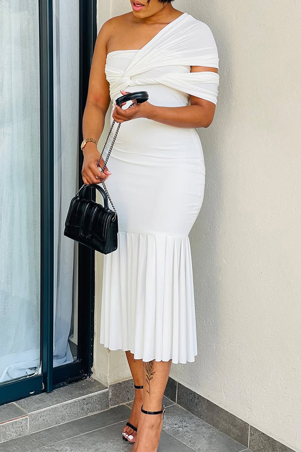 Elegant Knotted Oblique Neckline Midi Dress