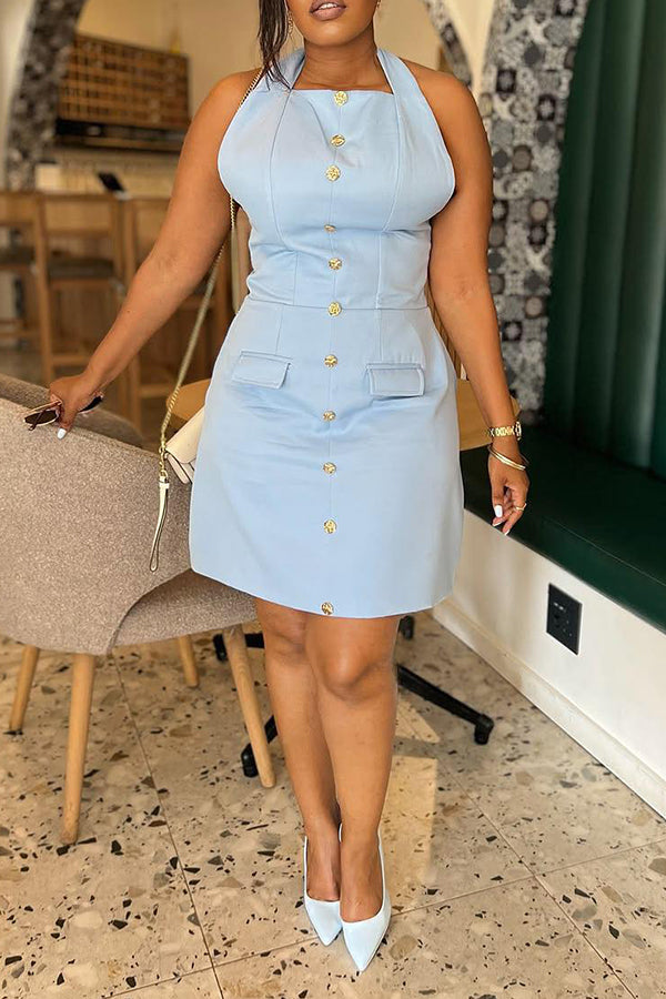 Elegant Halter Neck Single Breasted Metal Button Dress