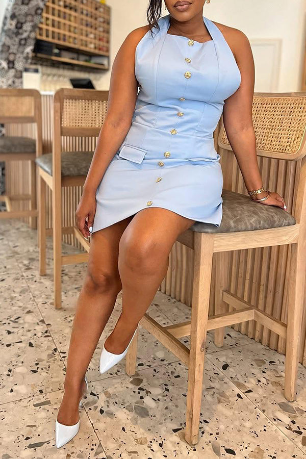 Elegant Halter Neck Single Breasted Metal Button Dress