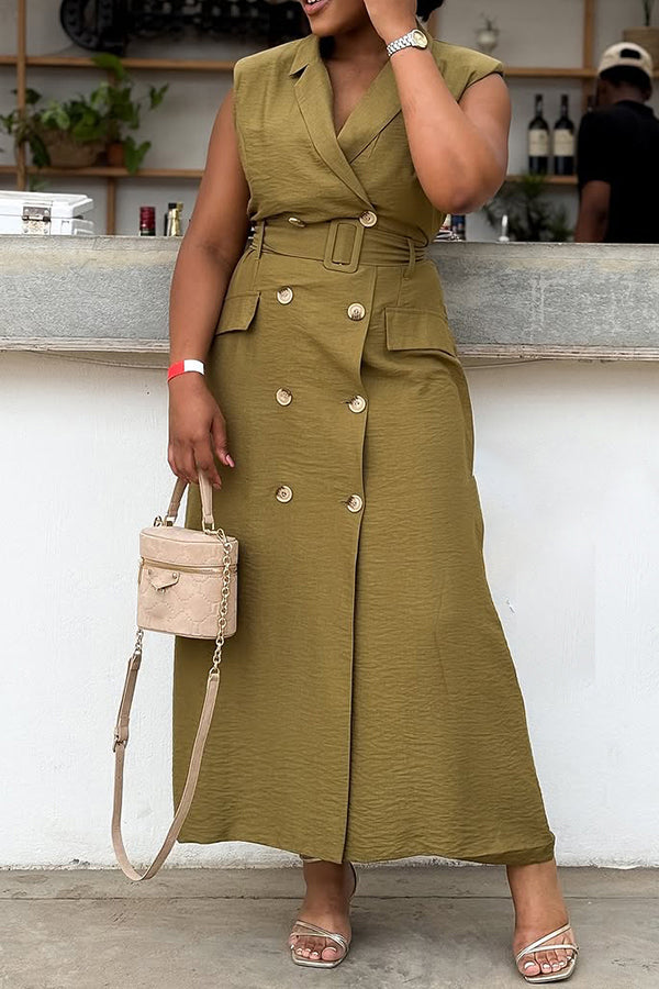 Stylish Double Breasted Belted Pocket Design Maxi Dress