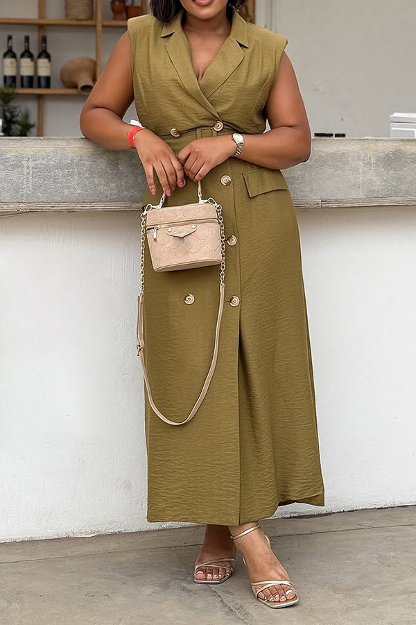 Stylish Double Breasted Belted Pocket Design Maxi Dress