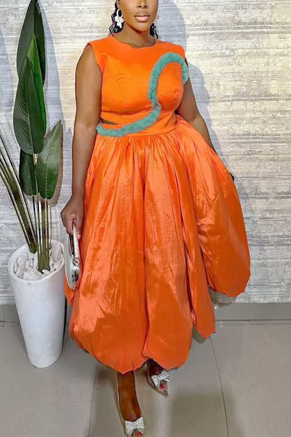 Charming Fluffy Trim Ruffled Hem Sleeveless Maxi Dress