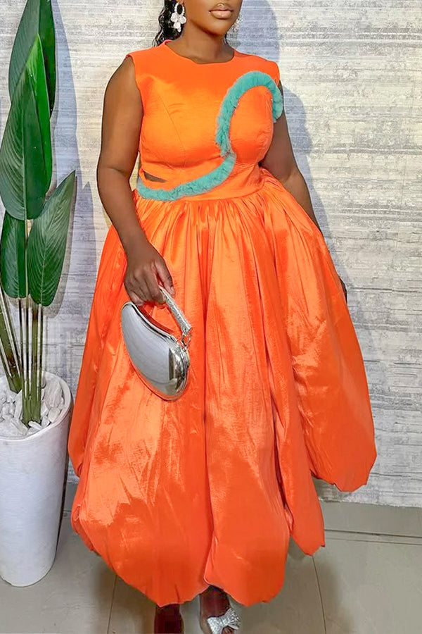 Charming Fluffy Trim Ruffled Hem Sleeveless Maxi Dress