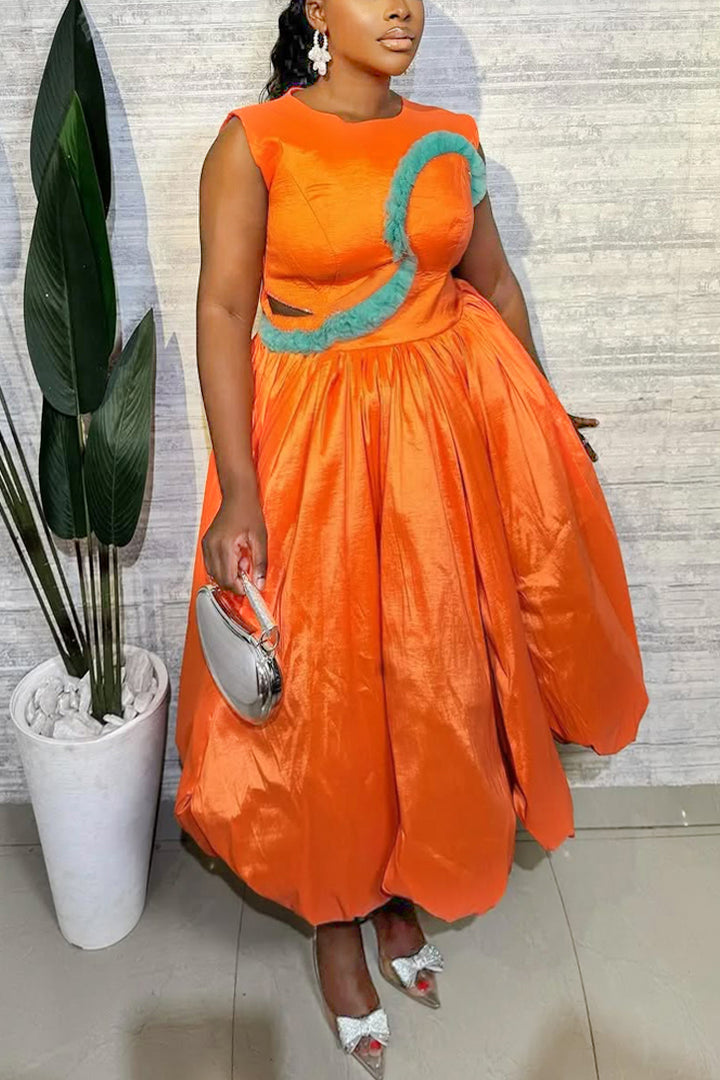 Charming Fluffy Trim Ruffled Hem Sleeveless Maxi Dress