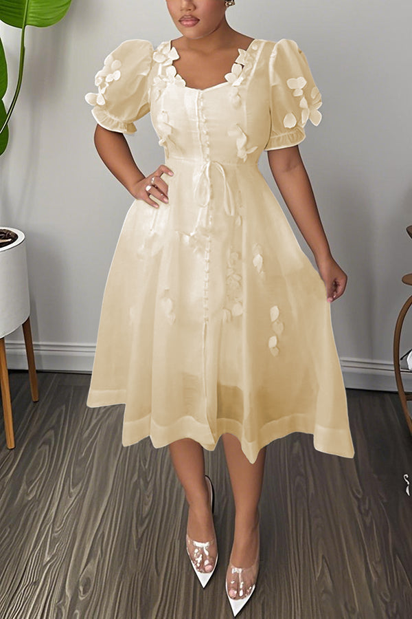 Romantic Puff Sleeve Flower Mesh Patchwork Mini Dress