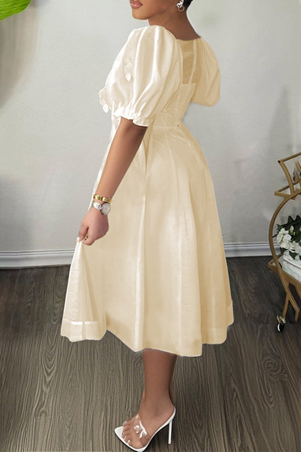 Romantic Puff Sleeve Flower Mesh Patchwork Mini Dress