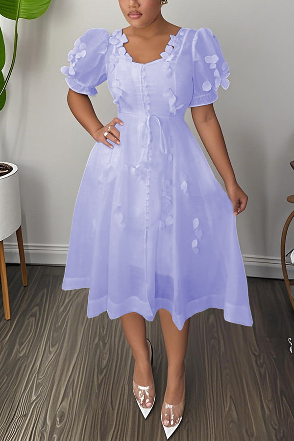 Romantic Puff Sleeve Flower Mesh Patchwork Mini Dress
