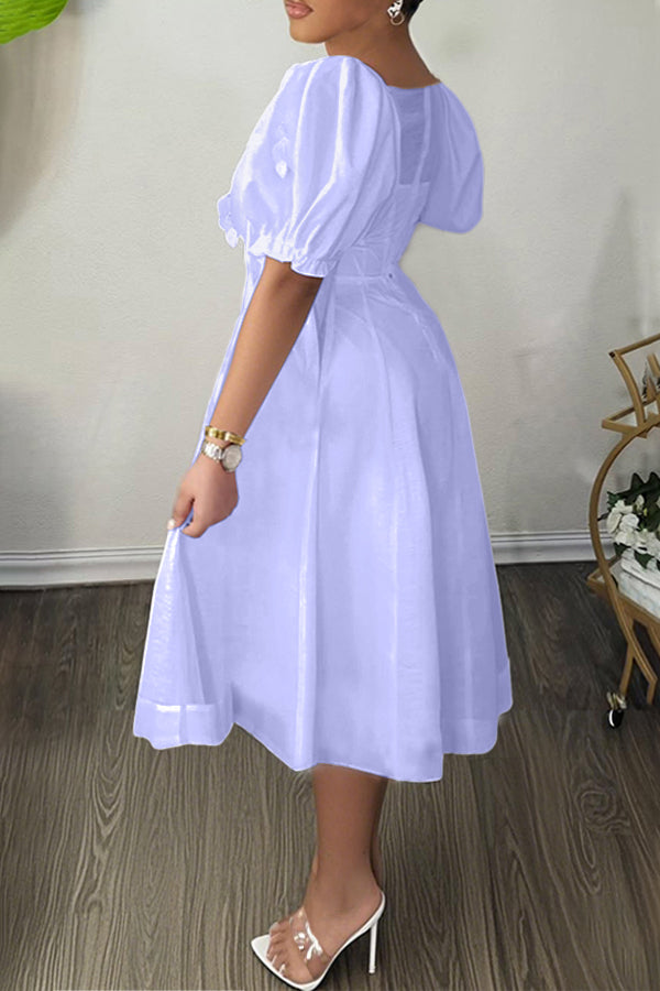 Romantic Puff Sleeve Flower Mesh Patchwork Mini Dress
