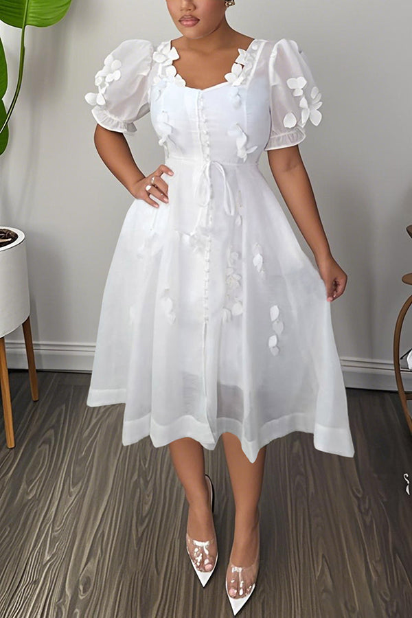 Romantic Puff Sleeve Flower Mesh Patchwork Mini Dress