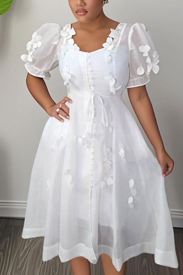 Romantic Puff Sleeve Flower Mesh Patchwork Mini Dress