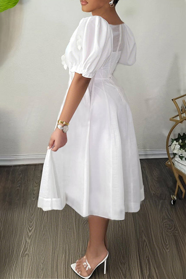 Romantic Puff Sleeve Flower Mesh Patchwork Mini Dress