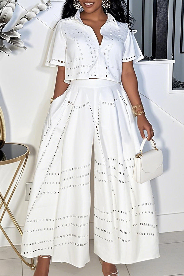 Stylish Short Sleeve Top & Wide Leg Pants Set