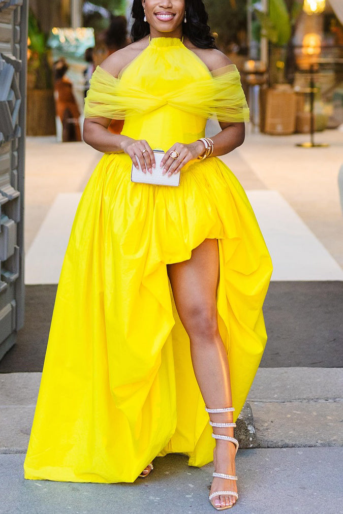 Bright Halterneck Tulle Irregular Pleated Hem Maxi Dress